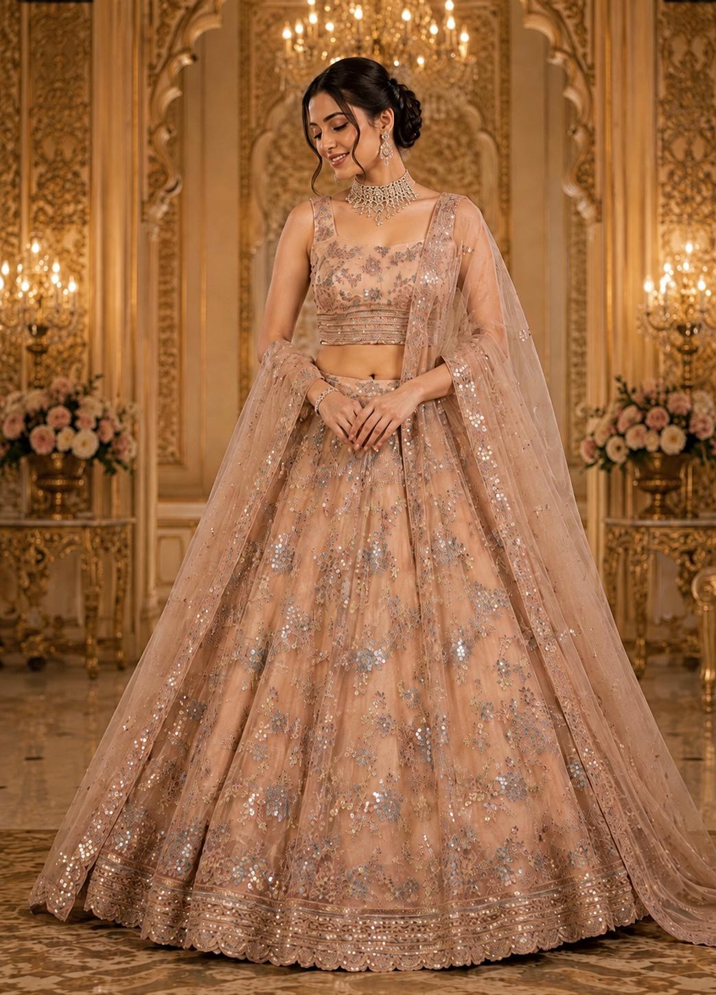 A woman models a heavily embellished peach-beige lehenga choli set with silver embroidery in an ornate, golden palace interior. The outfit features intricate floral embroidery, a high-necked crop top, and a matching sheer dupatta.