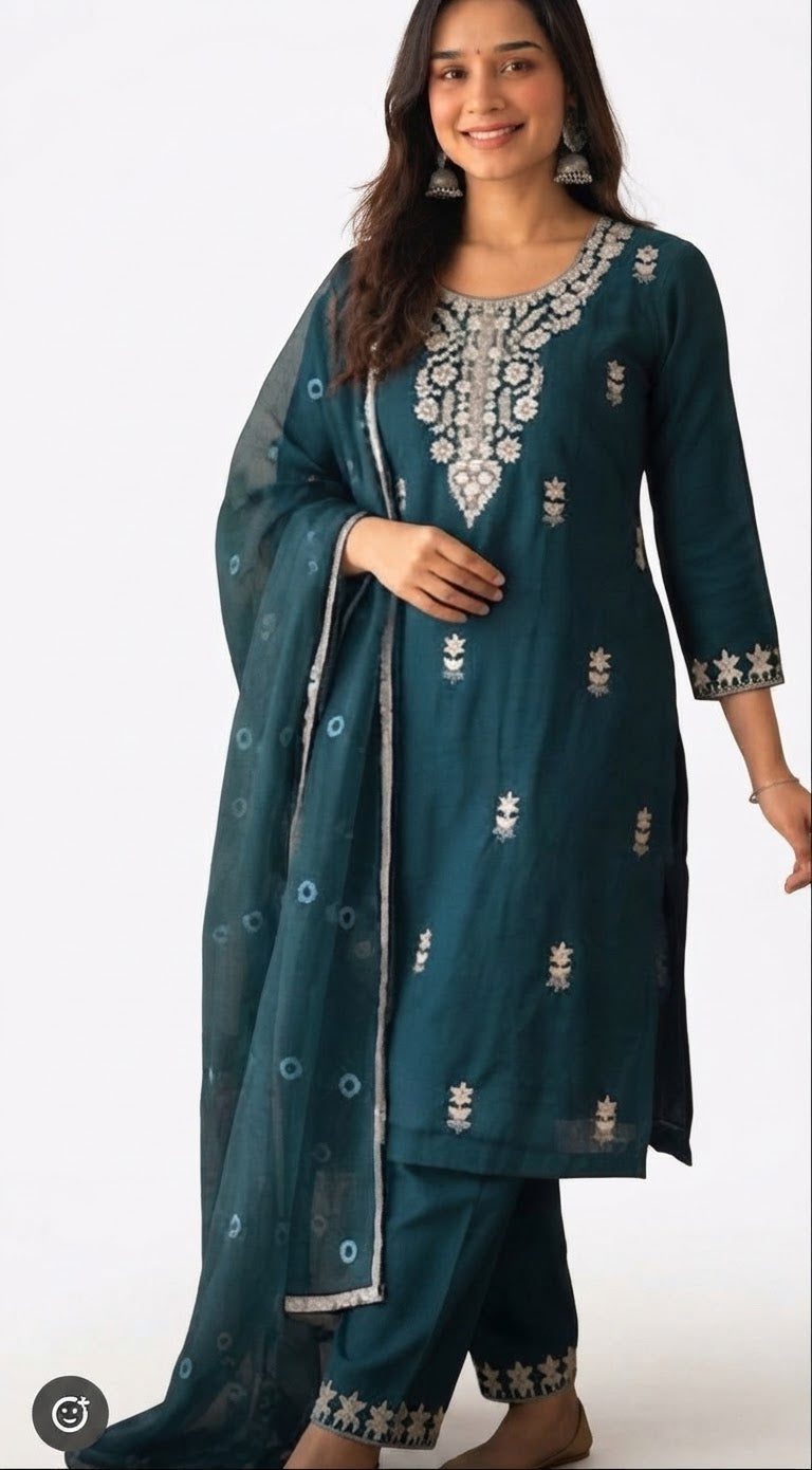 Deep Teal / Dark Turquoise/Dark green with white Embroidery
