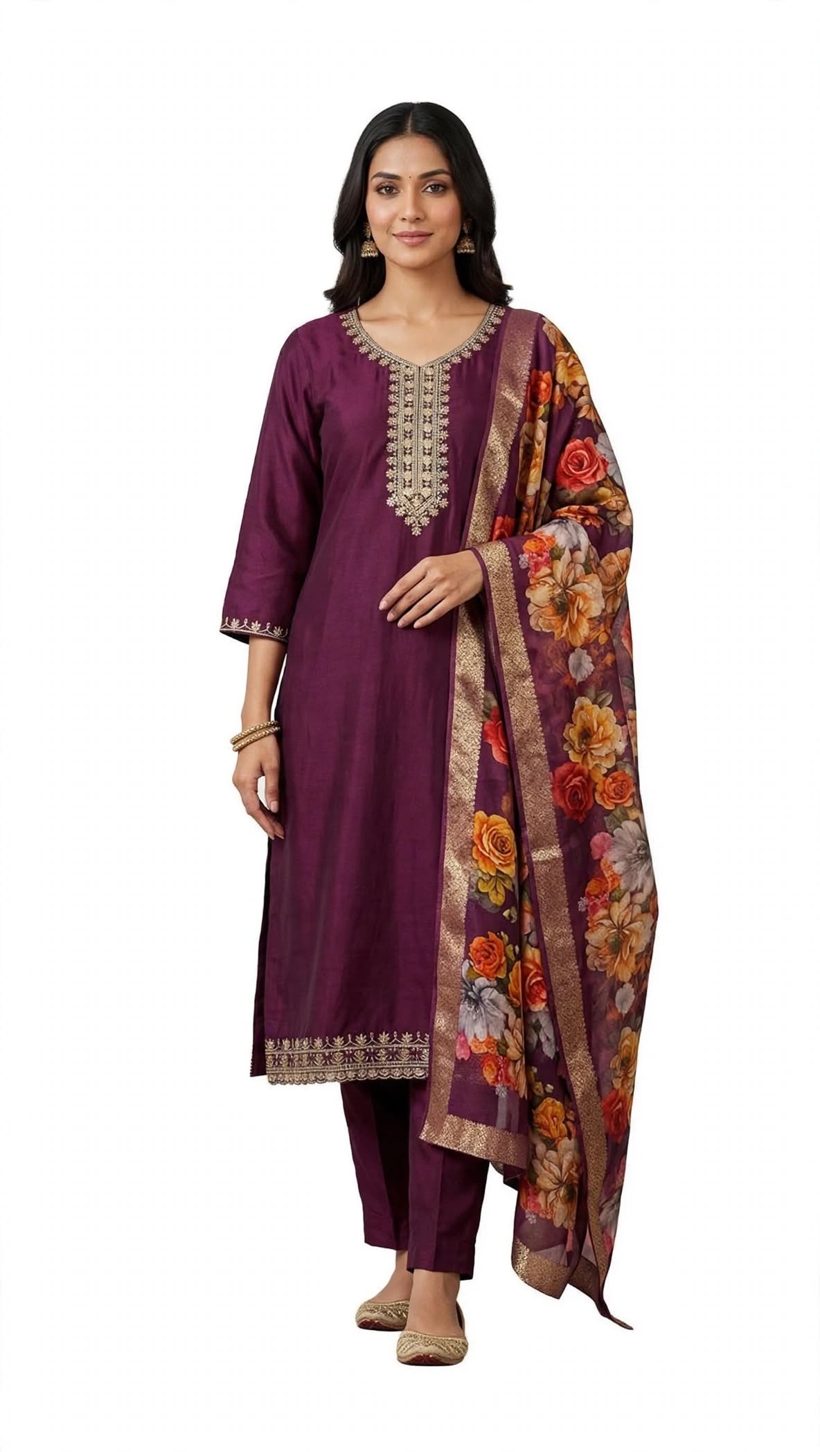 Plum Embroidered Straight Suit with Floral Printed Dupatta - 4XL