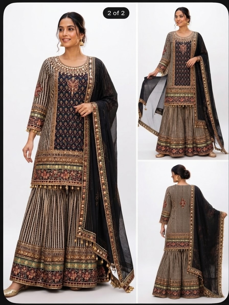 Black sharara suit with sequins and royal look for parties or any occasion