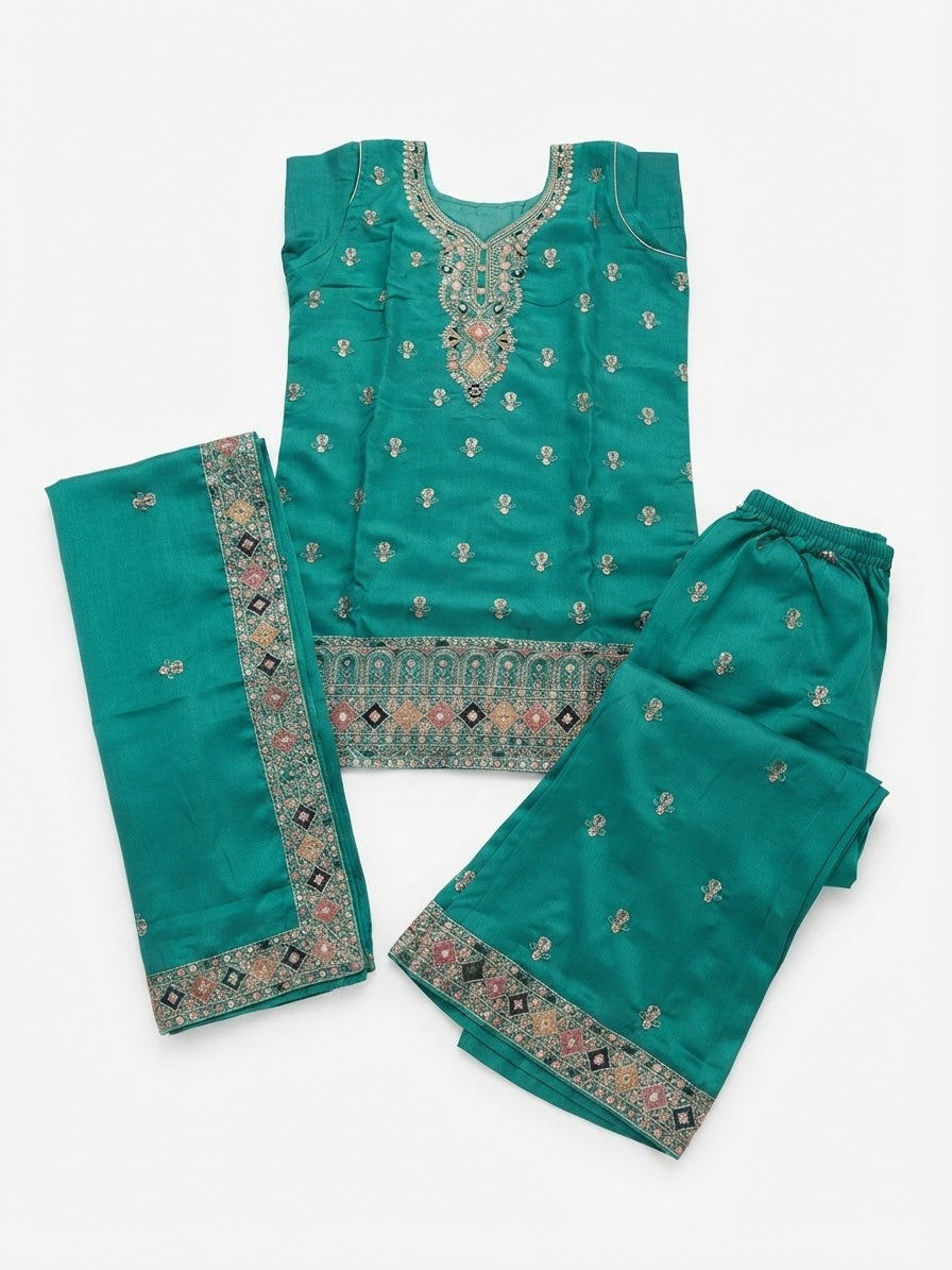 3XL - Teal Green Chinon Embroidered Salwar Kameez with Palazzo & Dupatta - Festive Party Wear