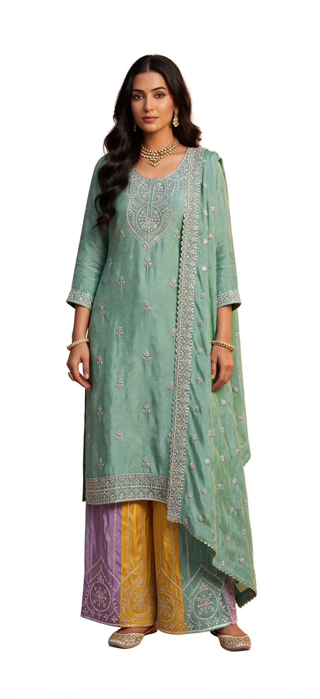 Pastel colour - Mint Green Embroidered 3-Piece Palazzo Suit Set with beautiful zari work - XL & XXL