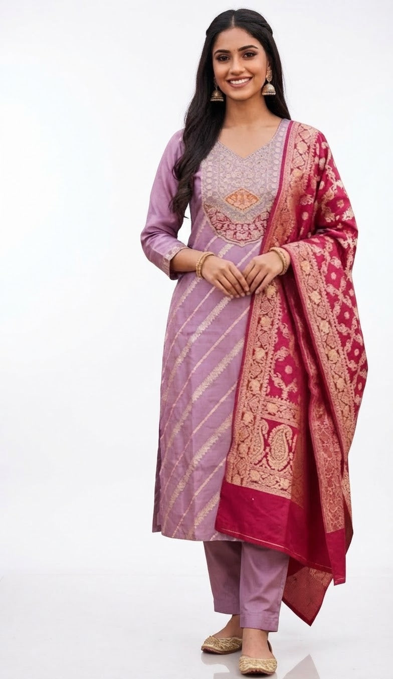 Lavender Diagonal-Stripe Straight Suit Set with Magenta Dupatta - XL