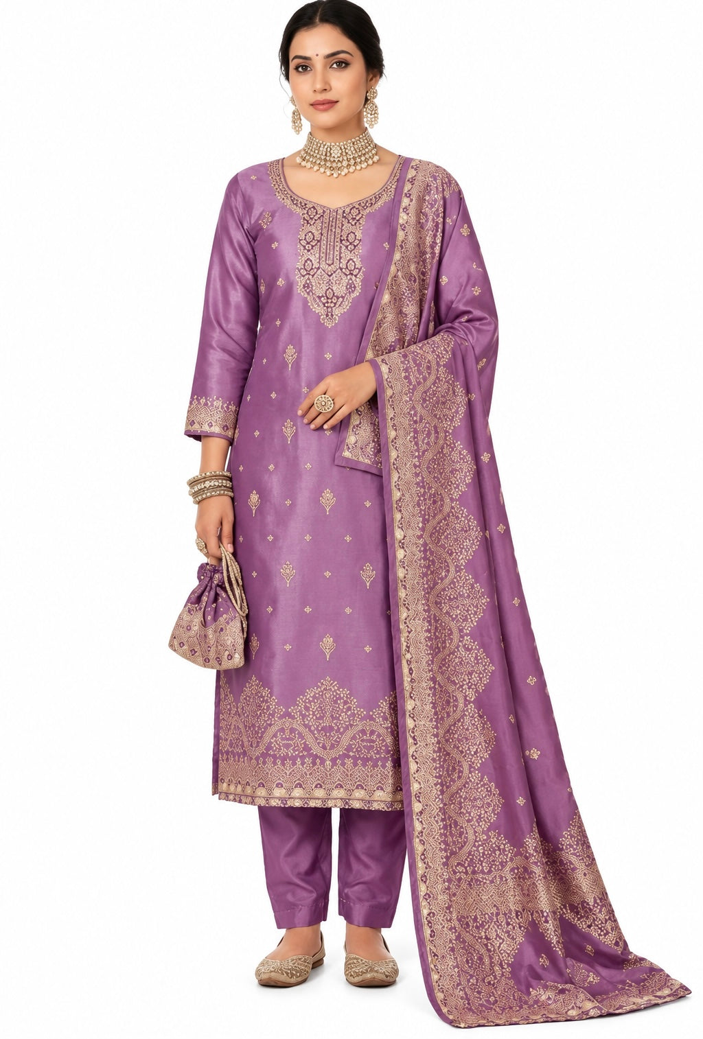 Lavender Brocade-Embellished Straight Suit Set - XL