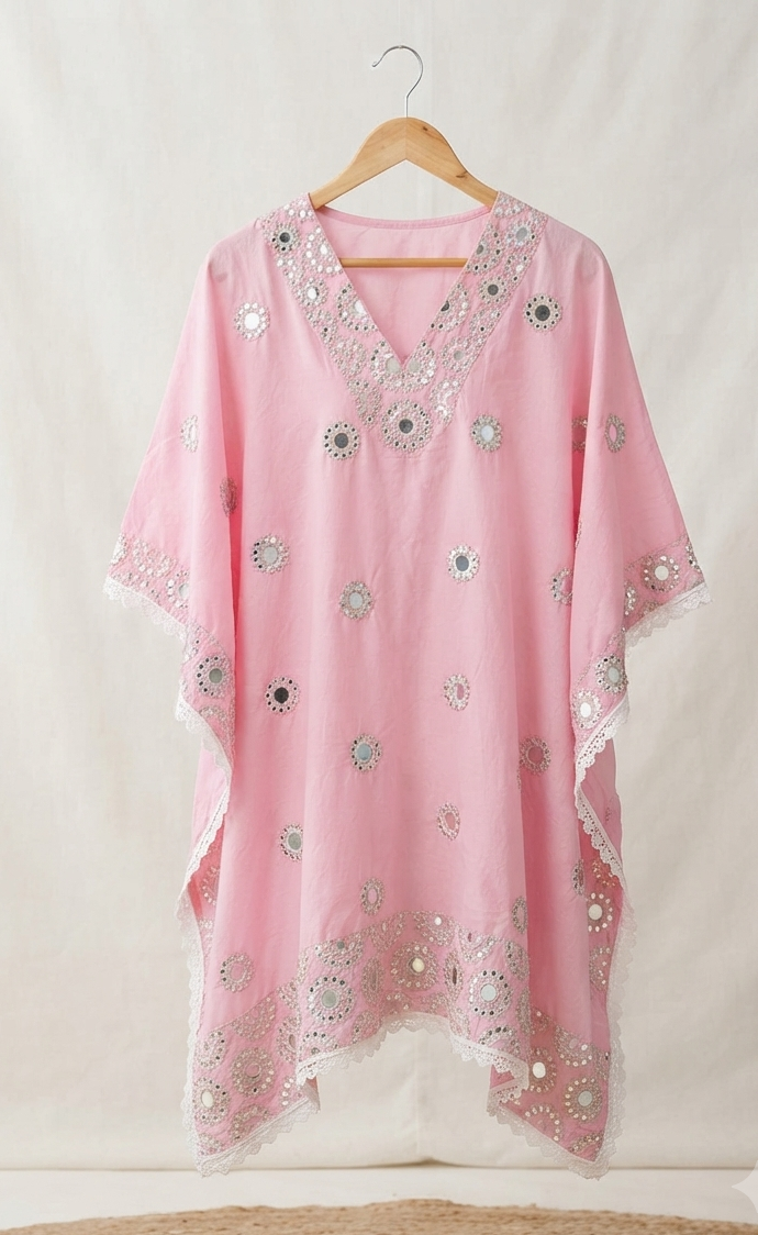 Luxury Mirror-Work Pink Kaftan Set with Straight Pants (Size L)
