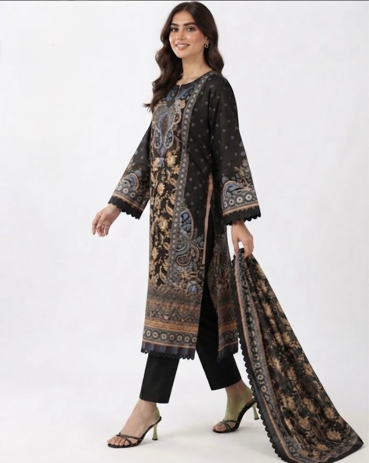 Sophisticated Black Printed Suit Set with black lace and Pakistani looks