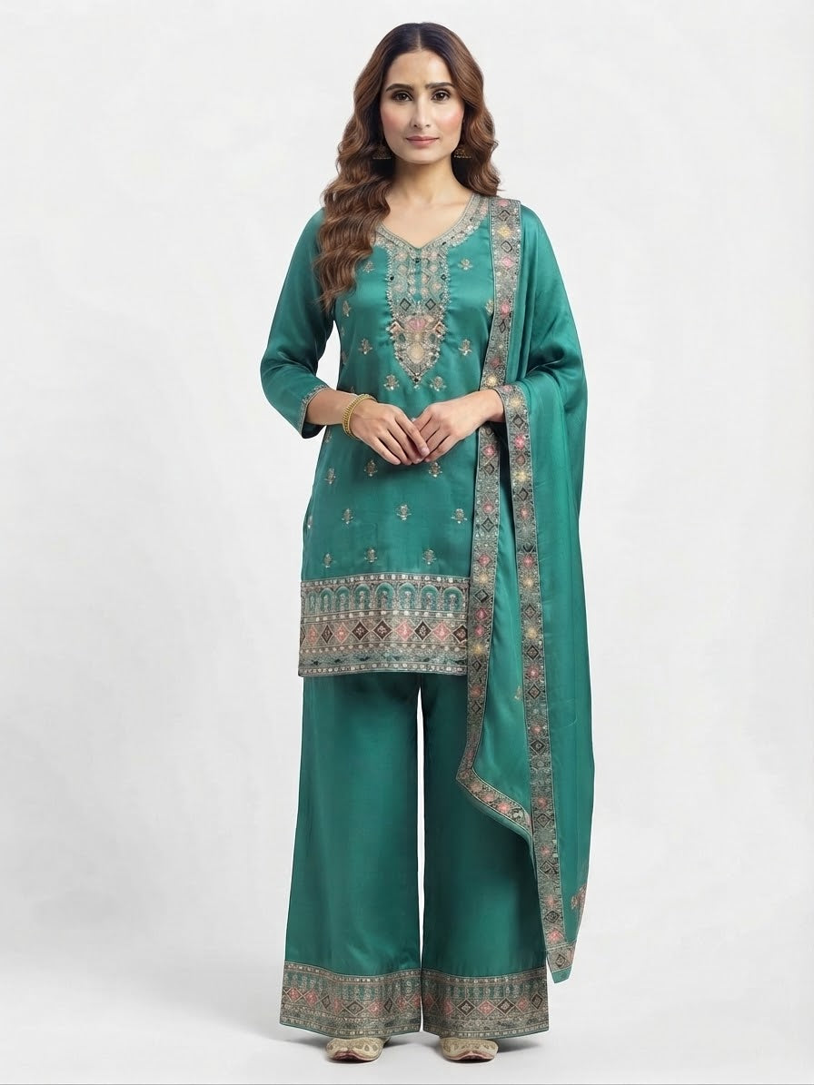3XL - Teal Green Chinon Embroidered Salwar Kameez with Palazzo & Dupatta - Festive Party Wear