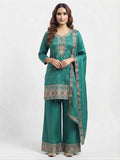 3XL - Teal Green Chinon Embroidered Salwar Kameez with Palazzo & Dupatta - Festive Party Wear