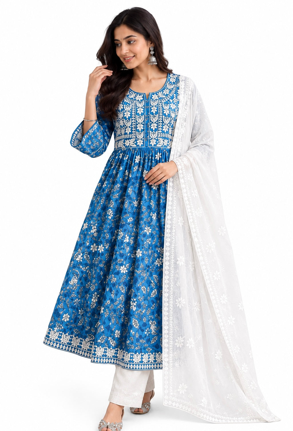 Blue Floral Anarkali Suit - L to XXL