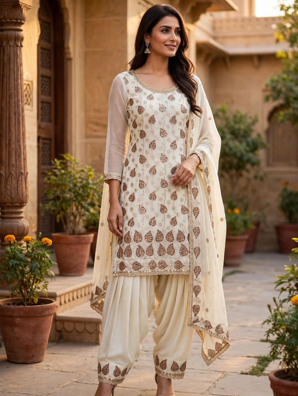 4XL Off-White Embroidered Salwar Suit