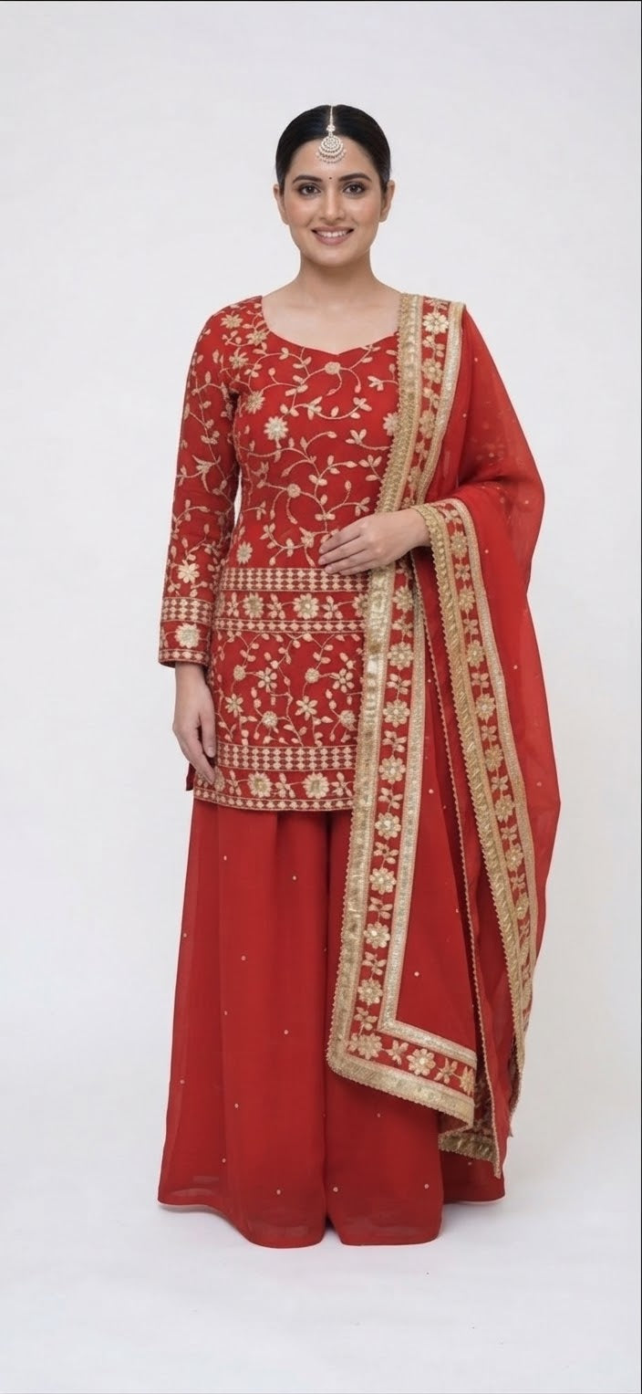 M - Crimson Red Gold-Embroidered Kurta with Flared Sharara and Matching Dupatta