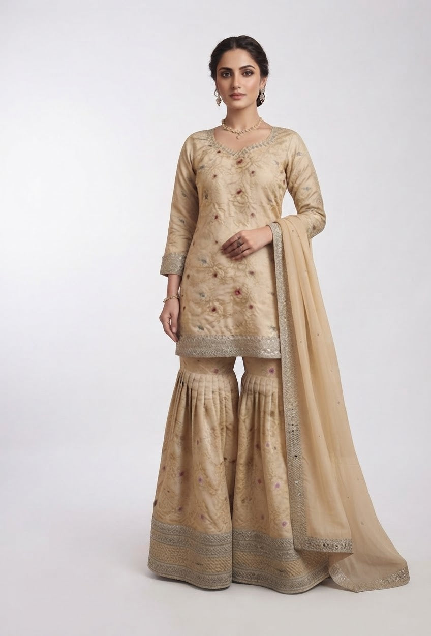 soft beige beautiful (champagne gold) Sharara suit brocket looks