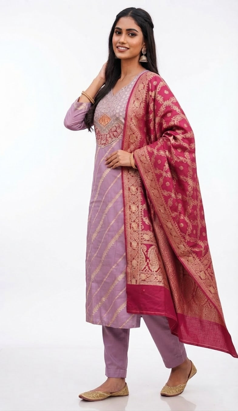 Lavender Diagonal-Stripe Straight Suit Set with Magenta Dupatta - XL