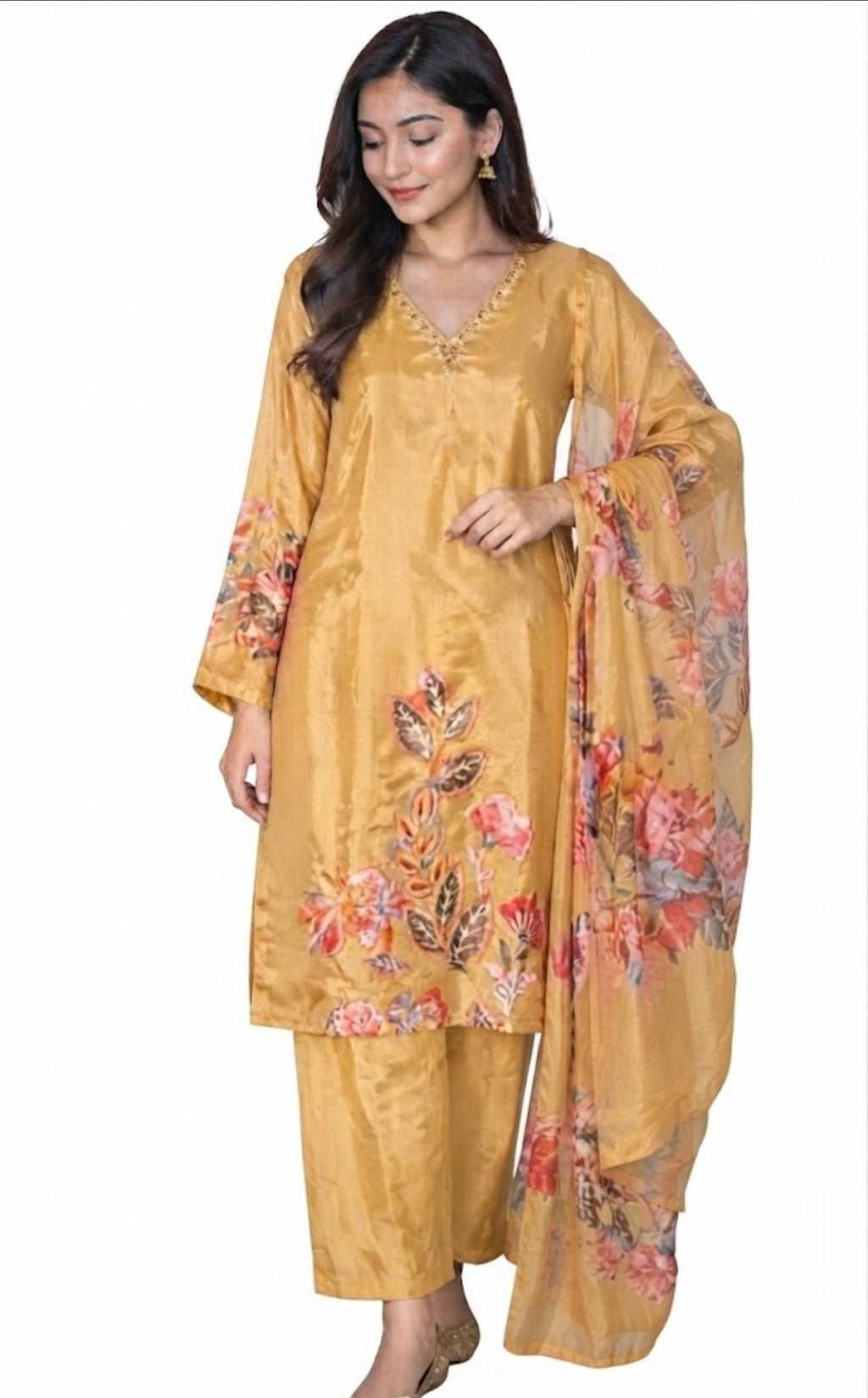 Golden Yellow / Mustard Gold with Multicolored Floral Prints (Peach, Red, and Brown tones) and subtle metallic gold neckline embroidery.