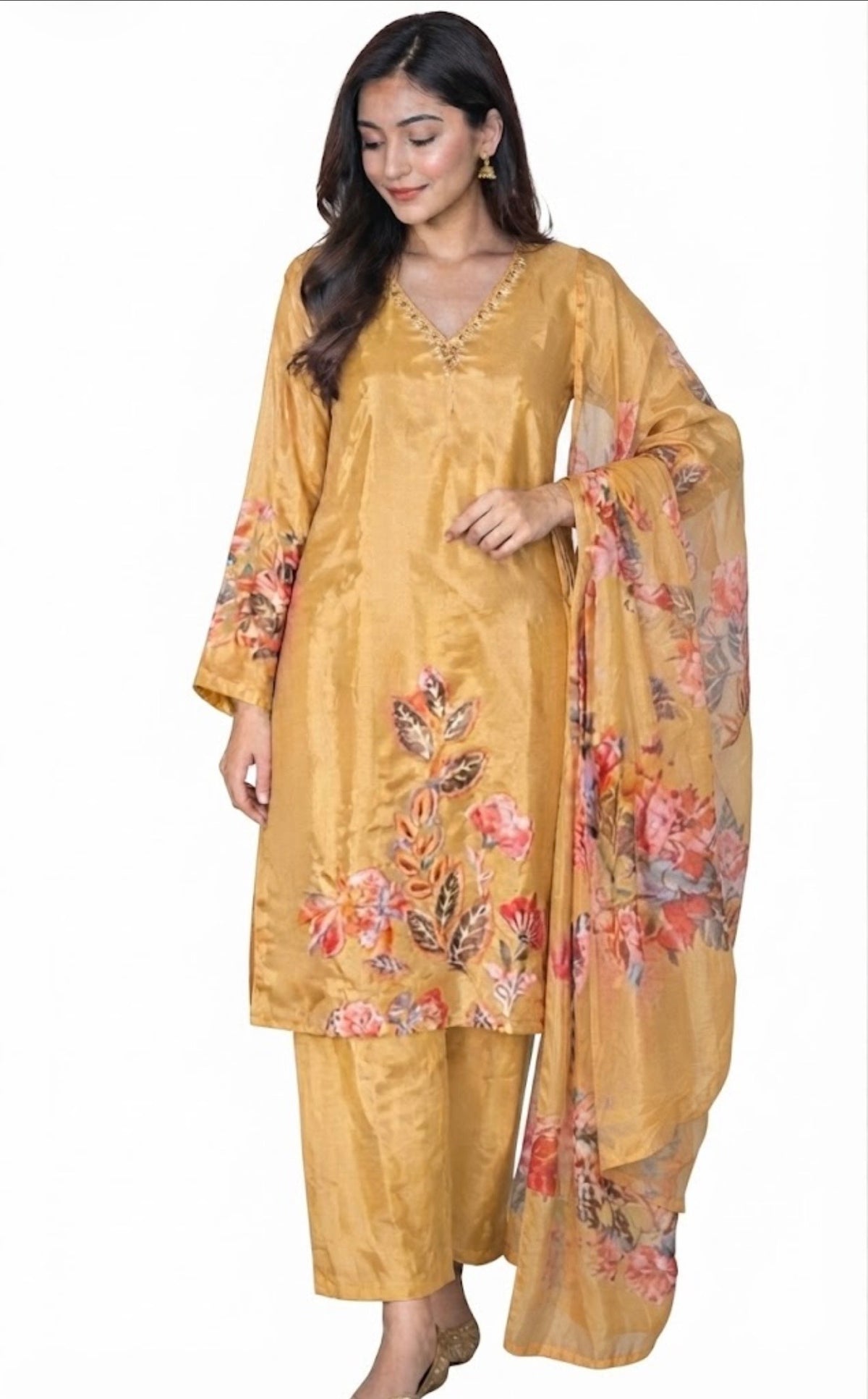 Golden Yellow / Mustard Gold with Multicolored Floral Prints (Peach, Red, and Brown tones) and subtle metallic gold neckline embroidery.