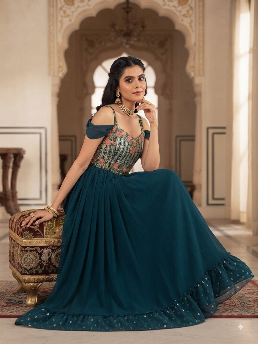 Teal green gown with royal look partywear