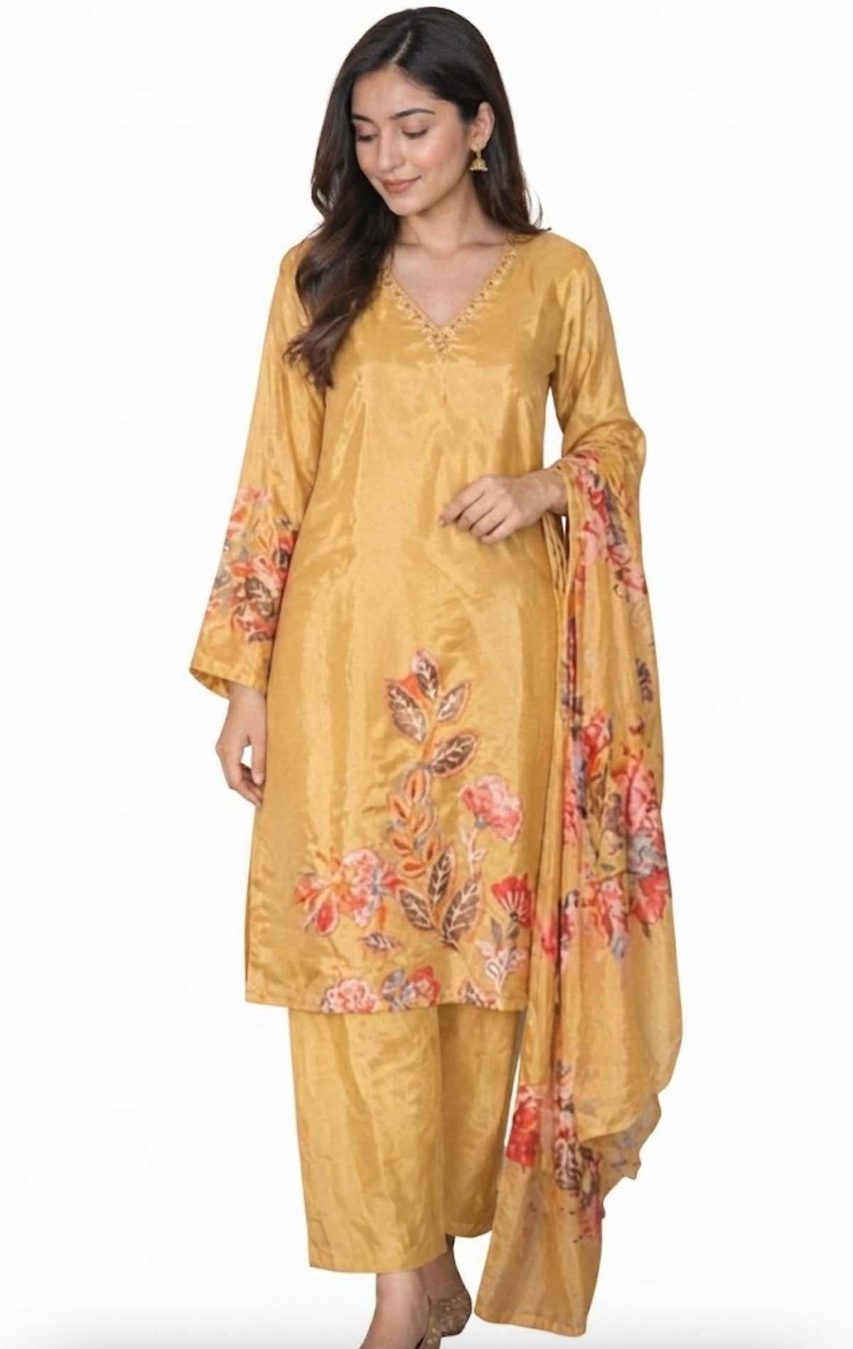 Golden Yellow / Mustard Gold with Multicolored Floral Prints (Peach, Red, and Brown tones) and subtle metallic gold neckline embroidery.