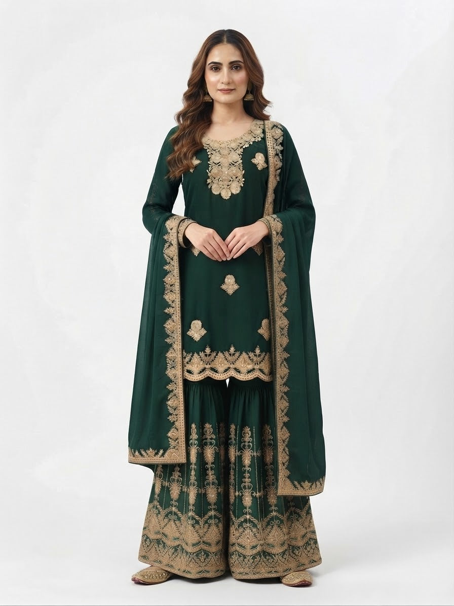 3XL - Rich dark green fabric with exquisite gold detailing