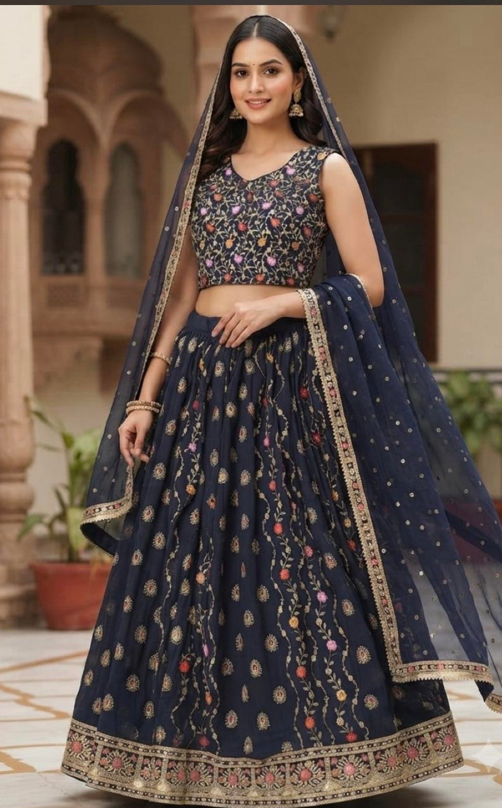 L size - Midnight Blue Embroidered Lehenga Choli Set with Shoulder Dupatta