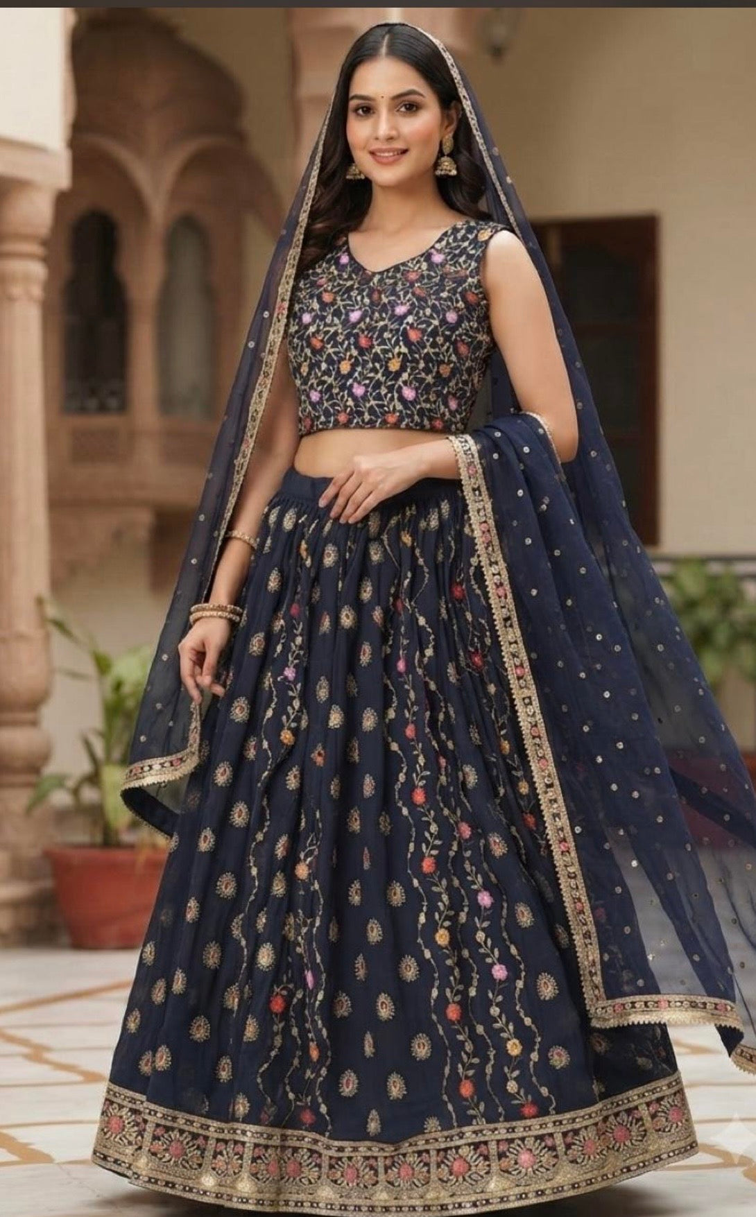L size - Midnight Blue Embroidered Lehenga Choli Set with Shoulder Dupatta