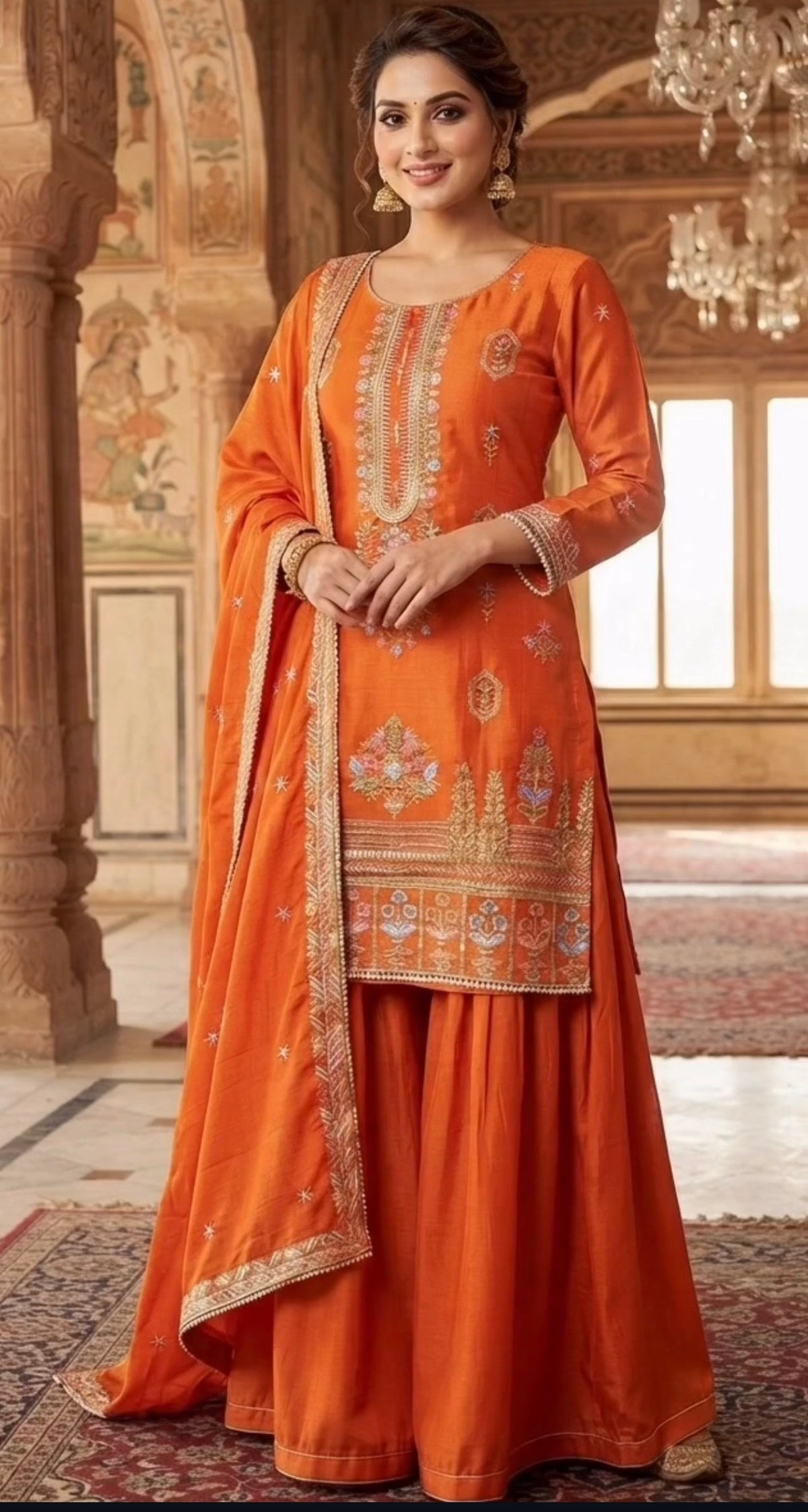 Orange plazo trendy looks always with embroidery and royal tradition- Indian
