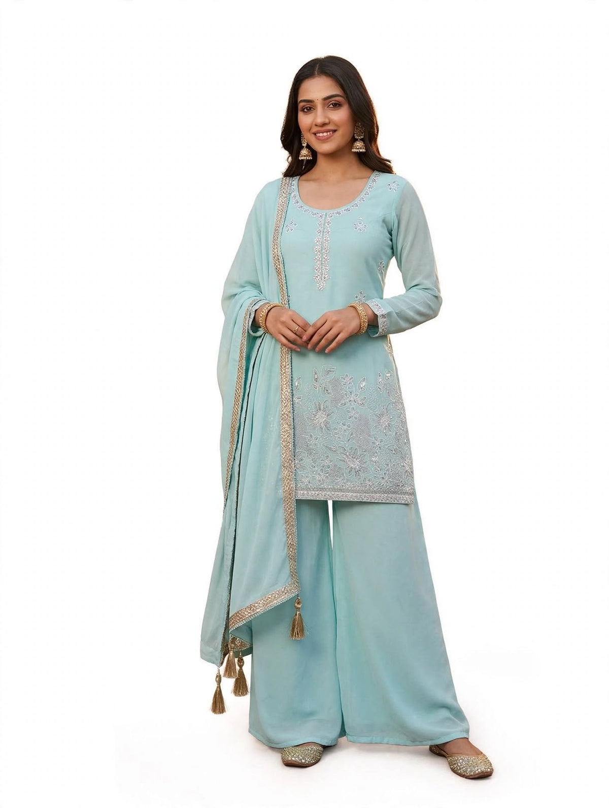 Women’s Pastel Blue Embroidered Kurta Palazzo Suit Set with Dupatta | Elegant Ethnic Wear for Festive & Party Occasions- M