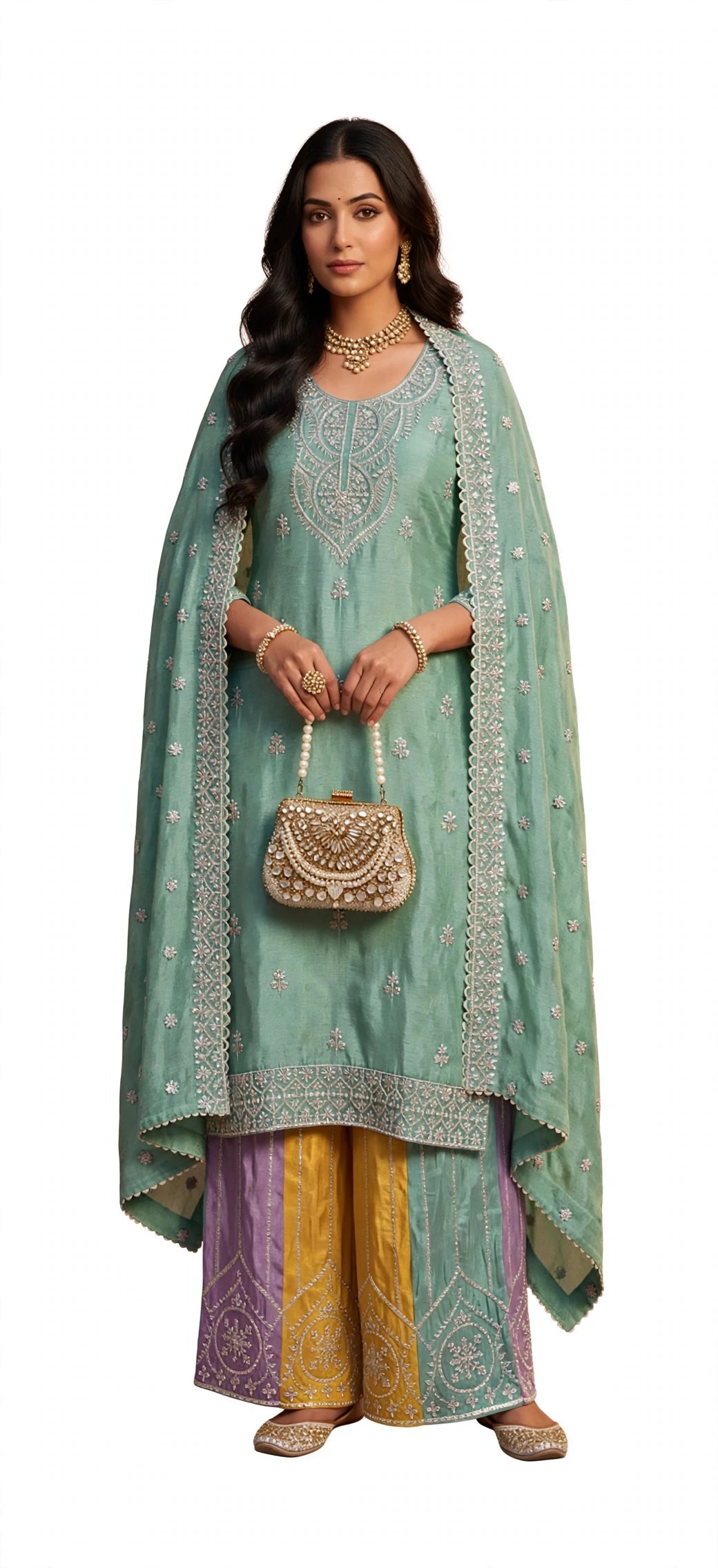 Pastel colour - Mint Green Embroidered 3-Piece Palazzo Suit Set with beautiful zari work - XL & XXL