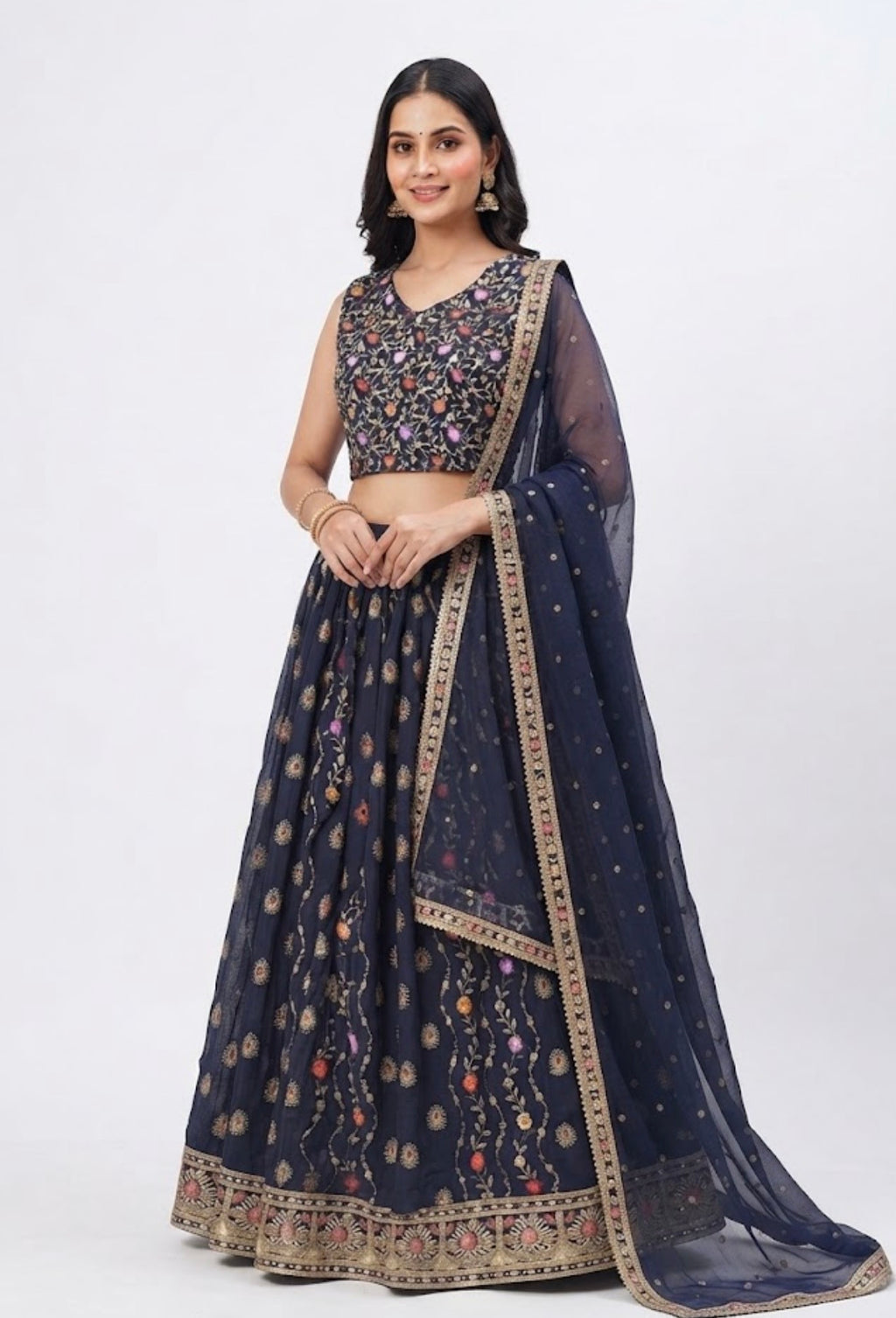 L size - Midnight Blue Embroidered Lehenga Choli Set with Shoulder Dupatta