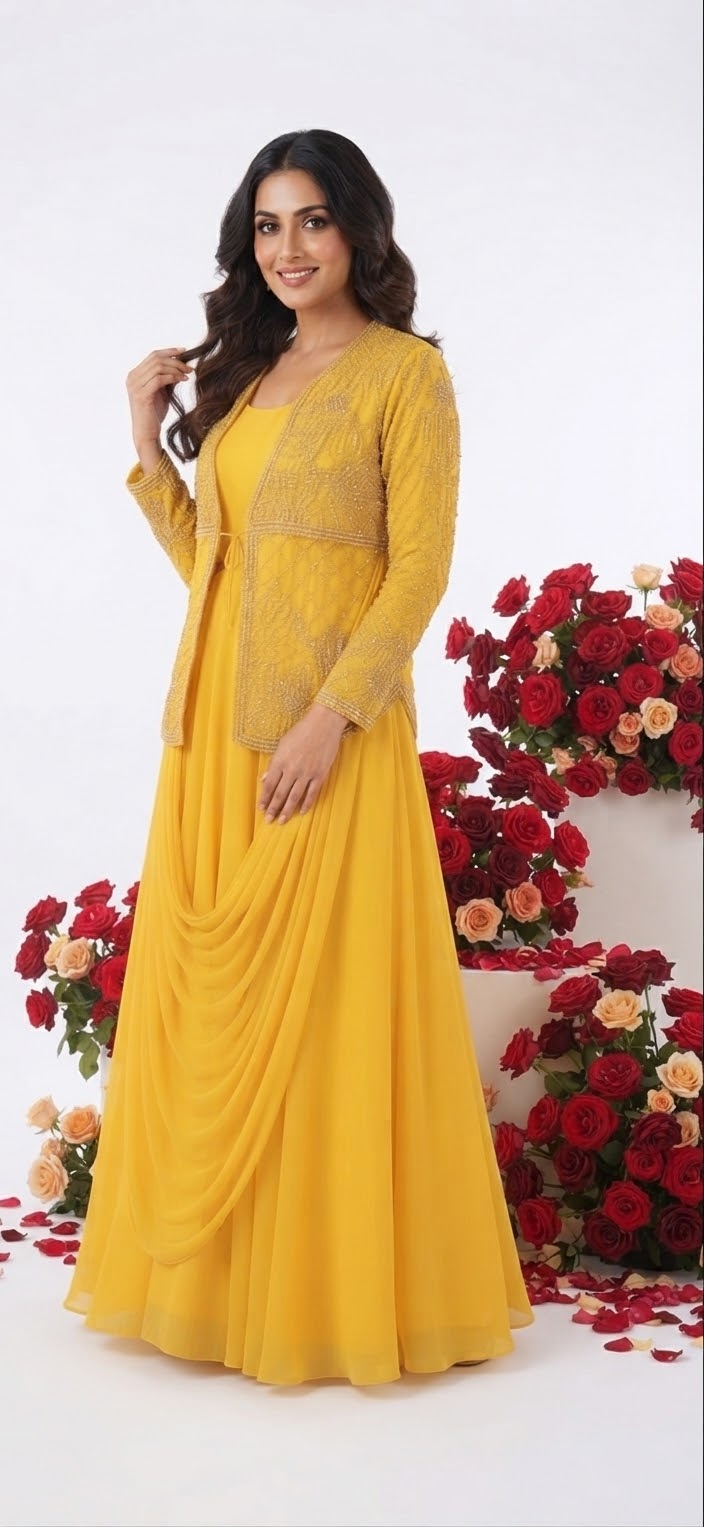 Indo-Western fusion; A-line gown with an attached drape (saree look) and an intricately embroidered open jacket