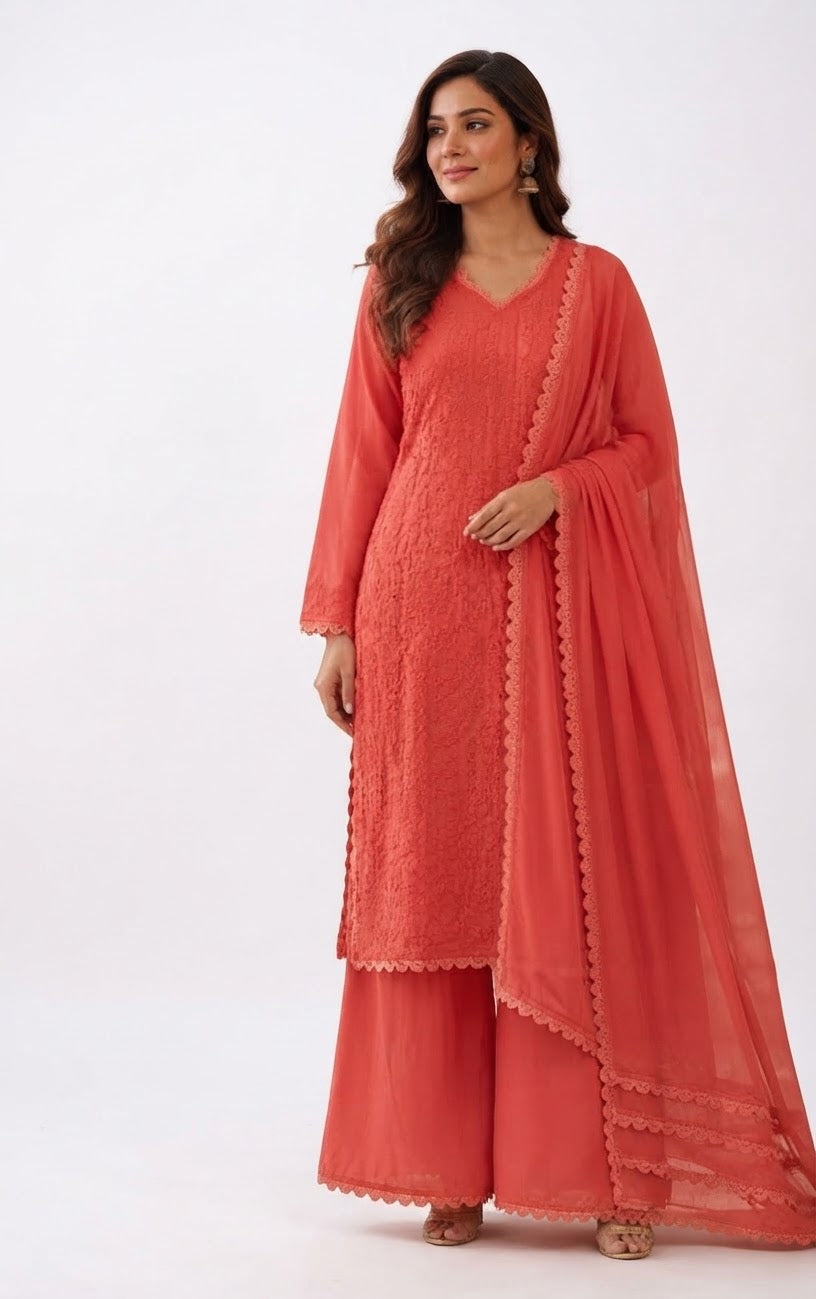 Ethereal Coral Chikankari Palazzo Suit Set - M