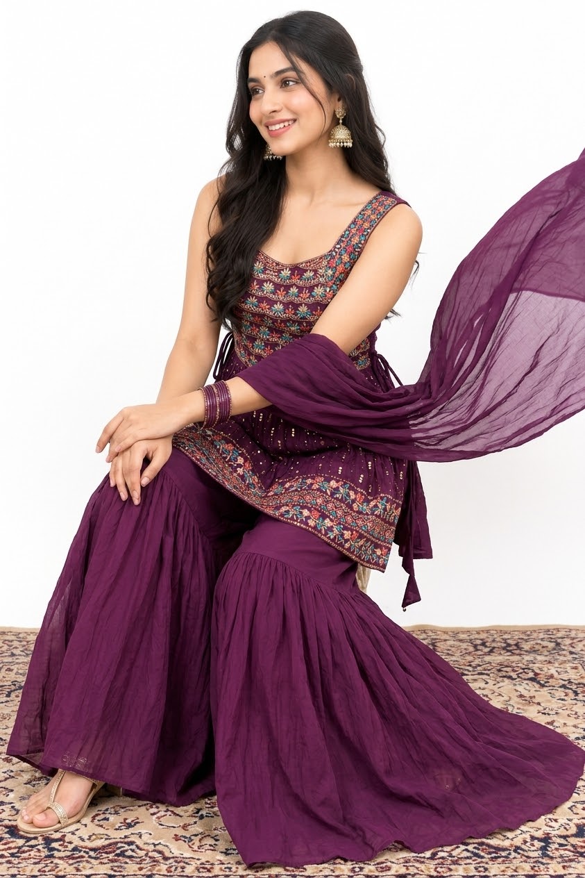 Elegant Plum Purple Sharara Suit Set