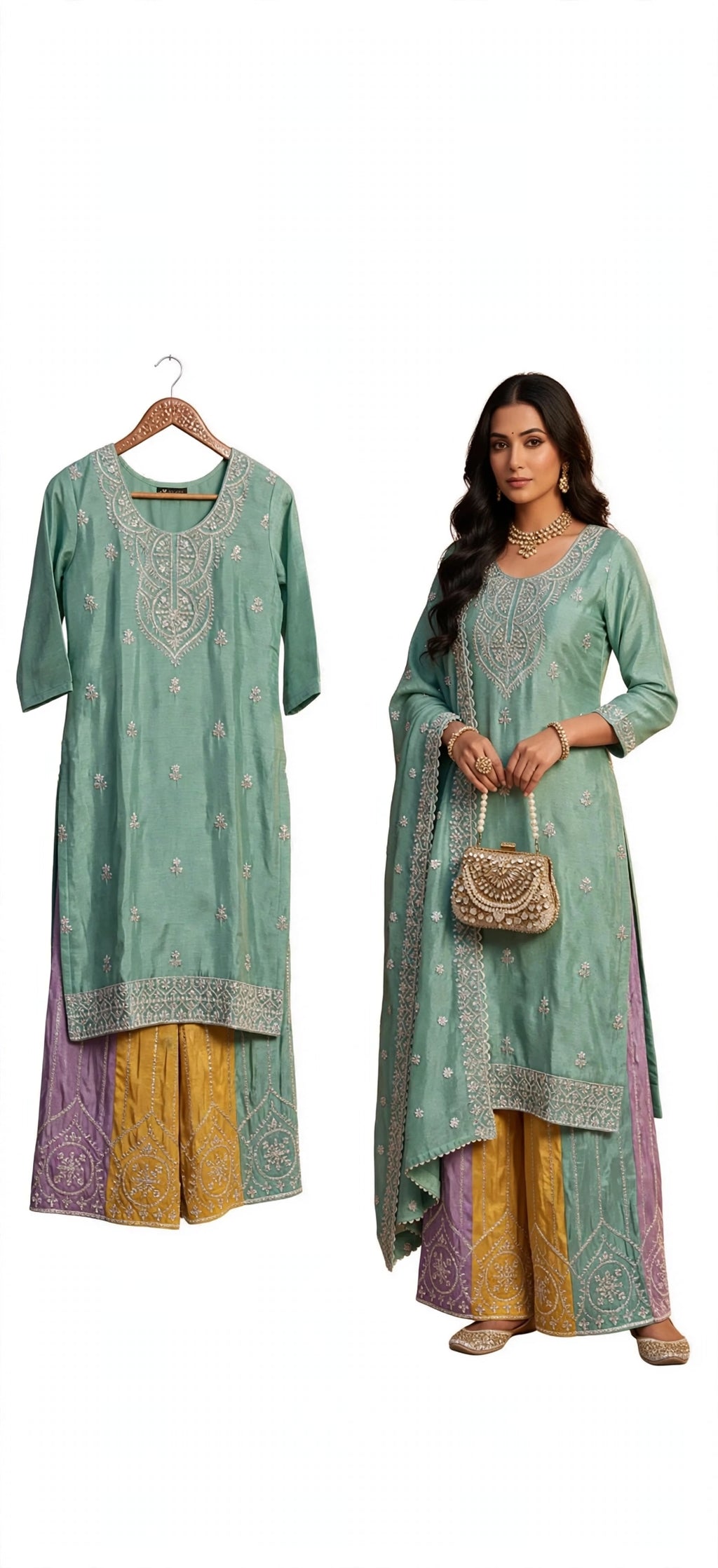 Pastel colour - Mint Green Embroidered 3-Piece Palazzo Suit Set with beautiful zari work - XL & XXL