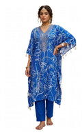 Women’s Royal Blue Printed Kaftan Style Kurta Pant Set with Embellished Neckline & Tassel Detailing | Festive Ethnic Wear - L