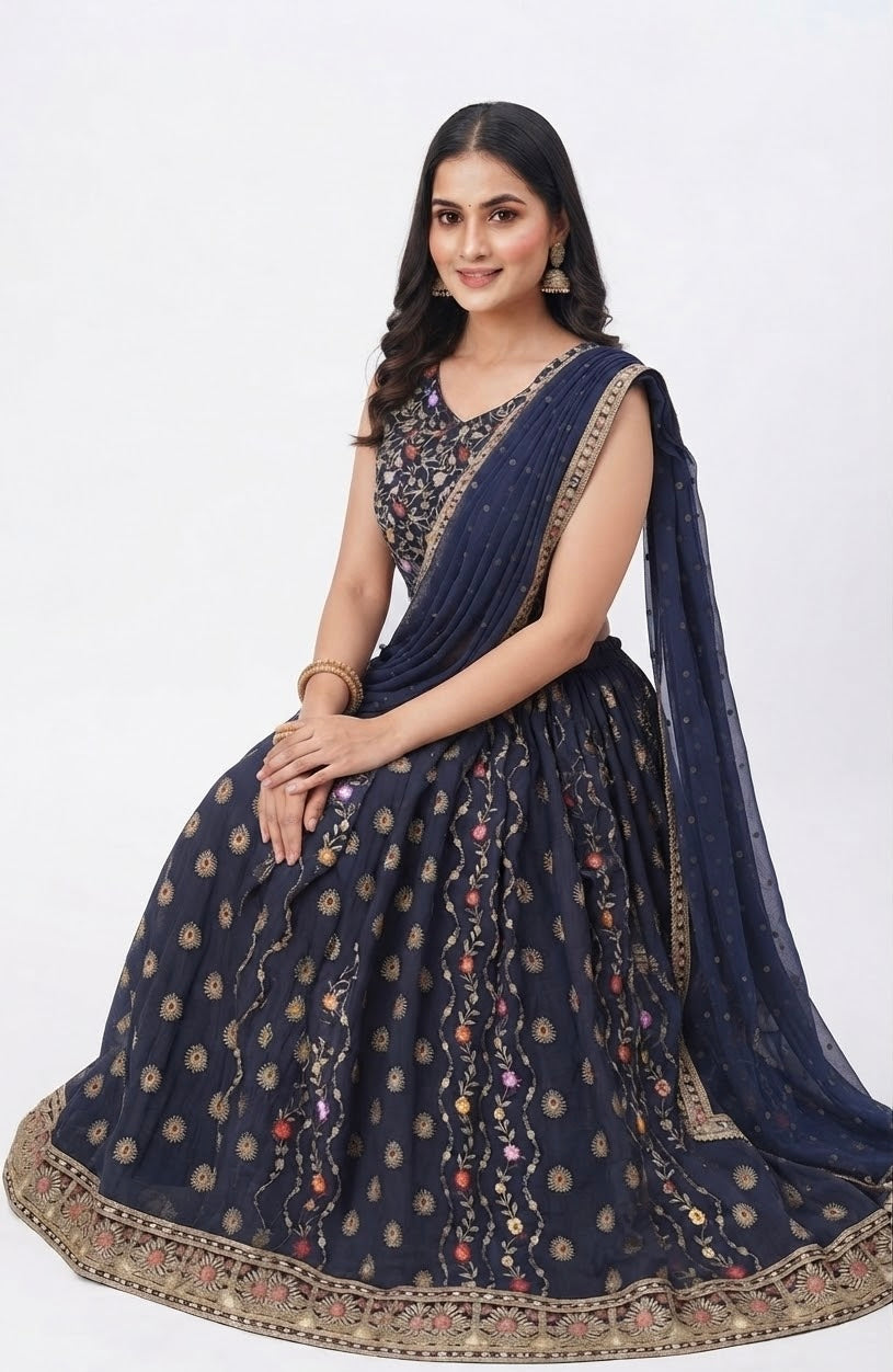 L size - Midnight Blue Embroidered Lehenga Choli Set with Shoulder Dupatta