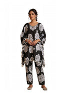 Women’s Black Floral Printed Kaftan Style Kurta Pant Set with Pom Pom Detailing | Stylish Ethnic Wear for Festive & Casual Occasions- L