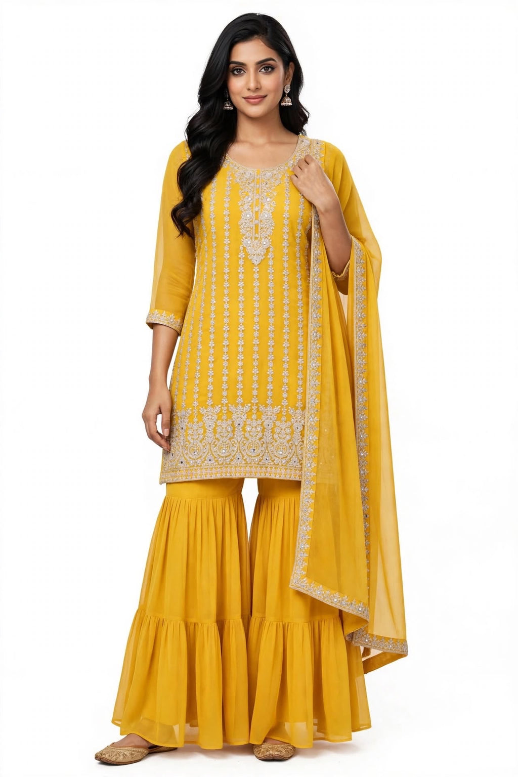 4XL 💛 Mustard Yellow Embroidered Sharara Suit Set