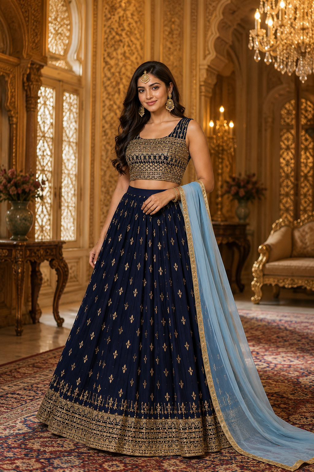 L size Royal Blue & Gold Embroidered Lehengas Set