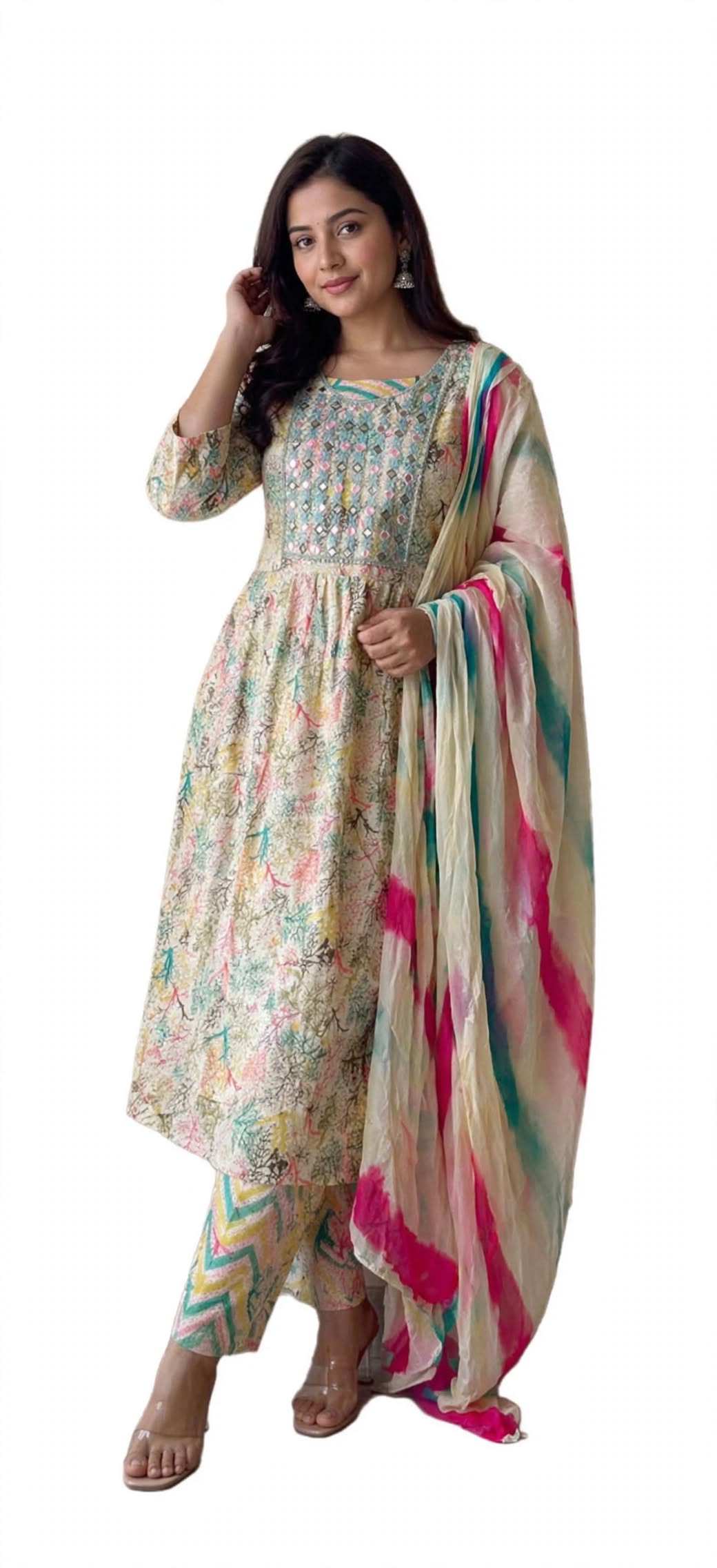 Women’s Multicolor Printed Anarkali Suit Set with Dupatta | Elegant Ethnic Kurta Pant Set for Festive & Party Wear - XL & XXL