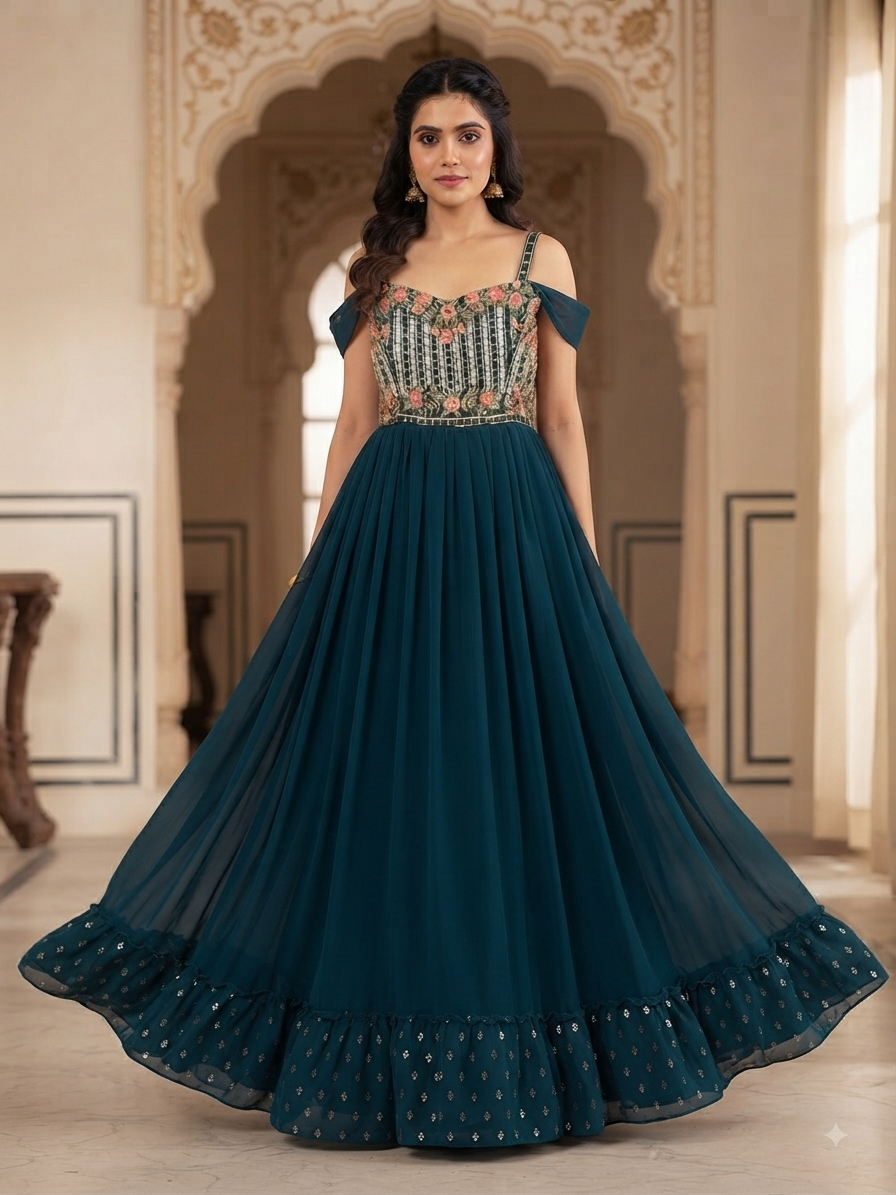 Teal green gown with royal look partywear