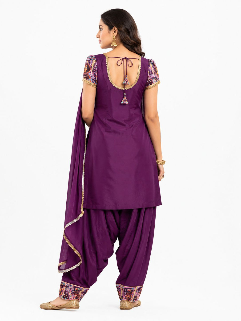 3xl - Royal Purple Printed Punjabi Farshi Salwar Suit Set with Back Tassels & Dupatta