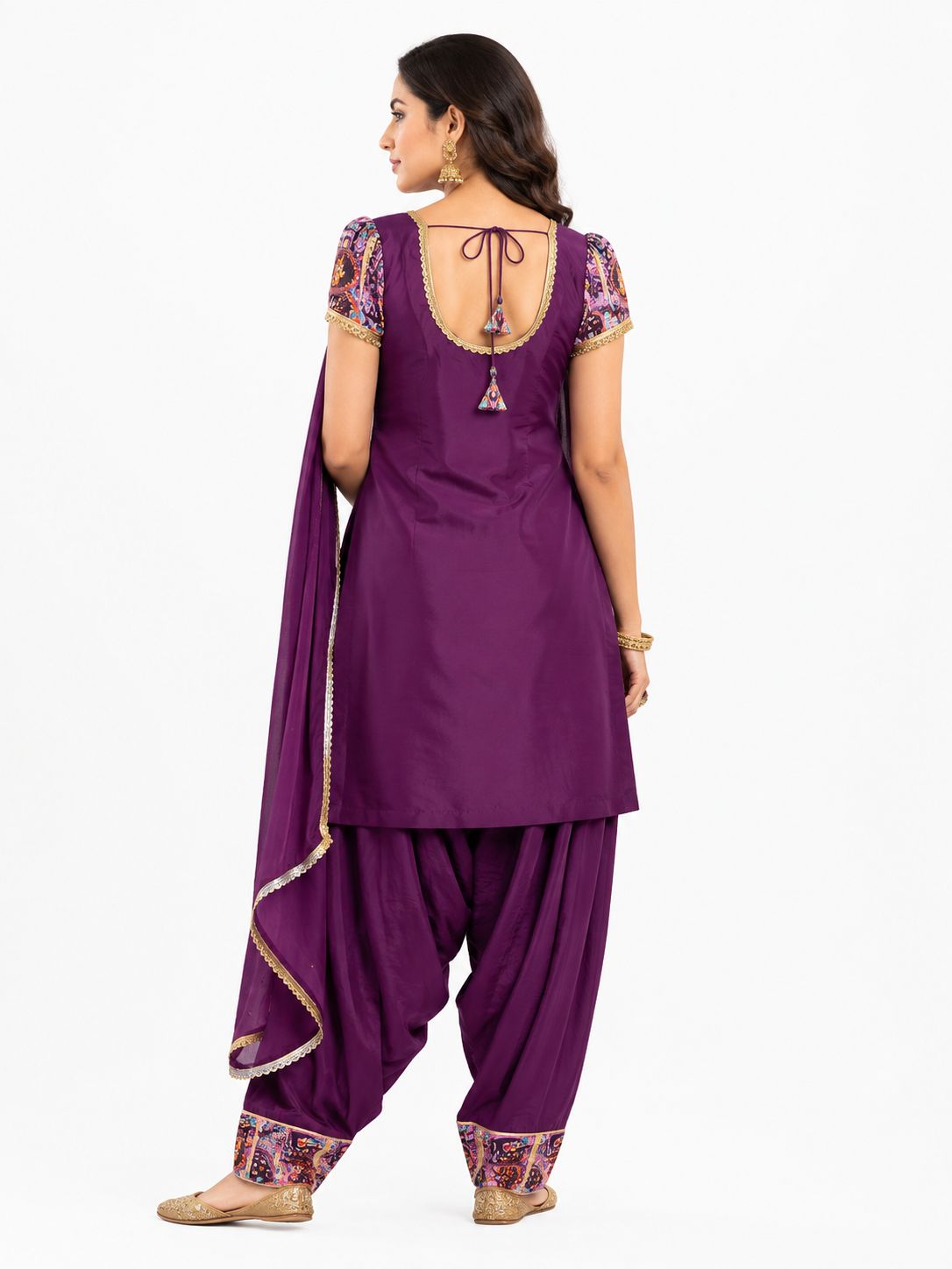 3xl - Royal Purple Printed Punjabi Farshi Salwar Suit Set with Back Tassels & Dupatta