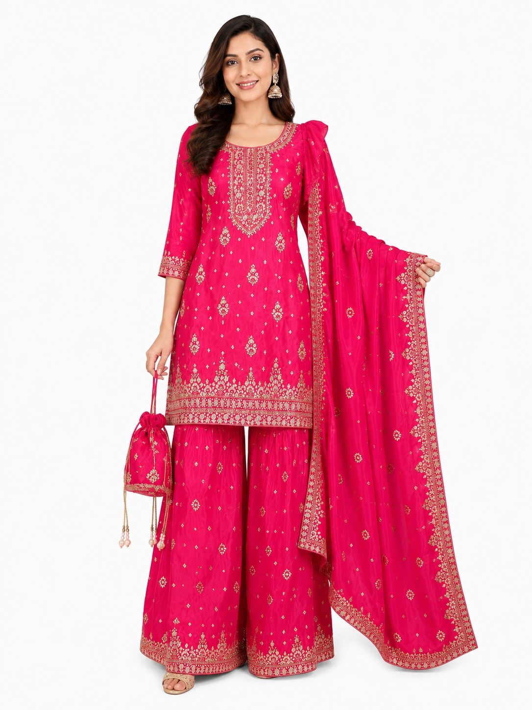 5XL 🌸 Hot Pink Embroidered Palazzo Suit Set