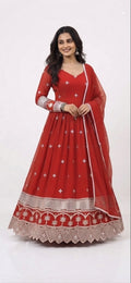 Red Premium fabric Gown and dupatta with intricate handcrafted embroidery.