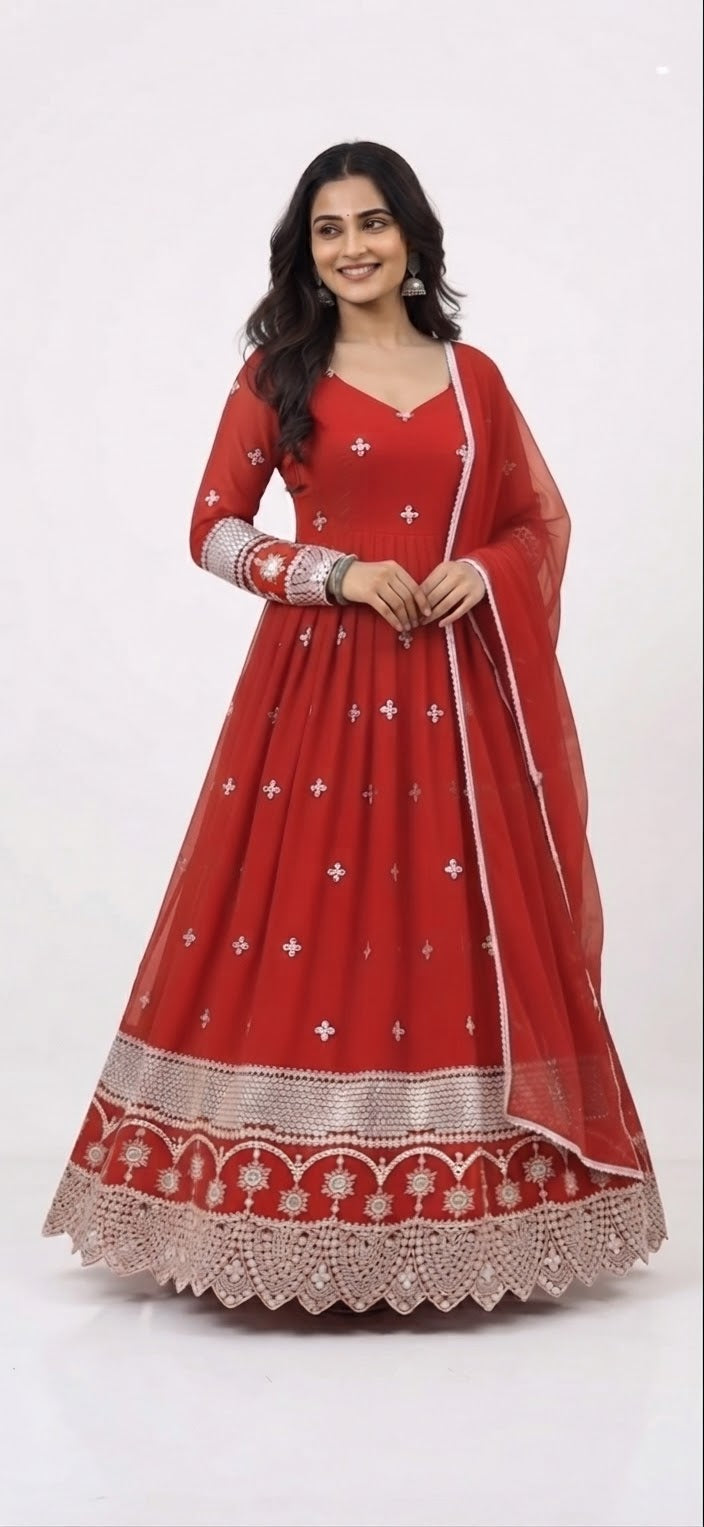 Red Premium fabric Gown and dupatta with intricate handcrafted embroidery.