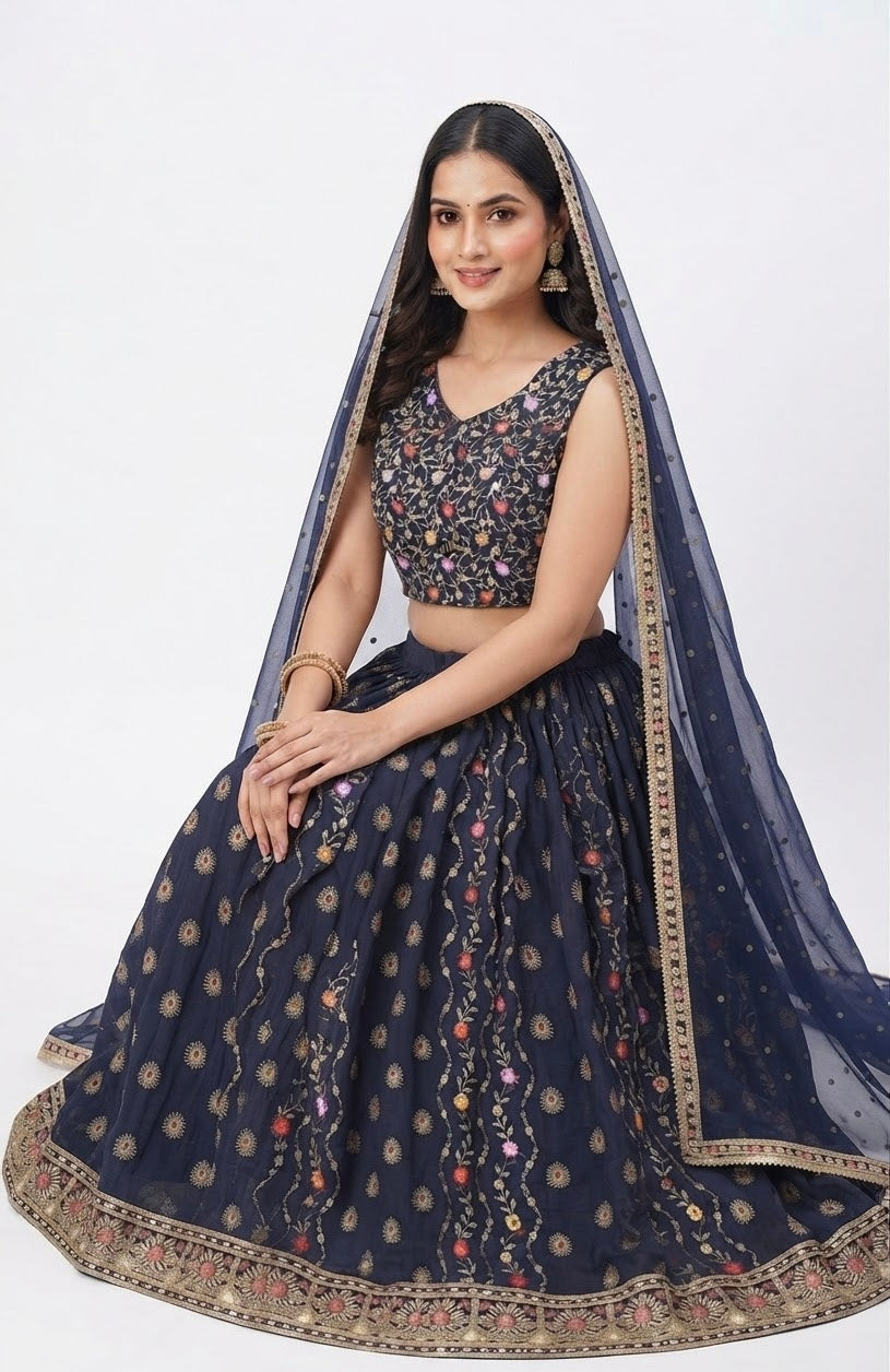 L size - Midnight Blue Embroidered Lehenga Choli Set with Shoulder Dupatta