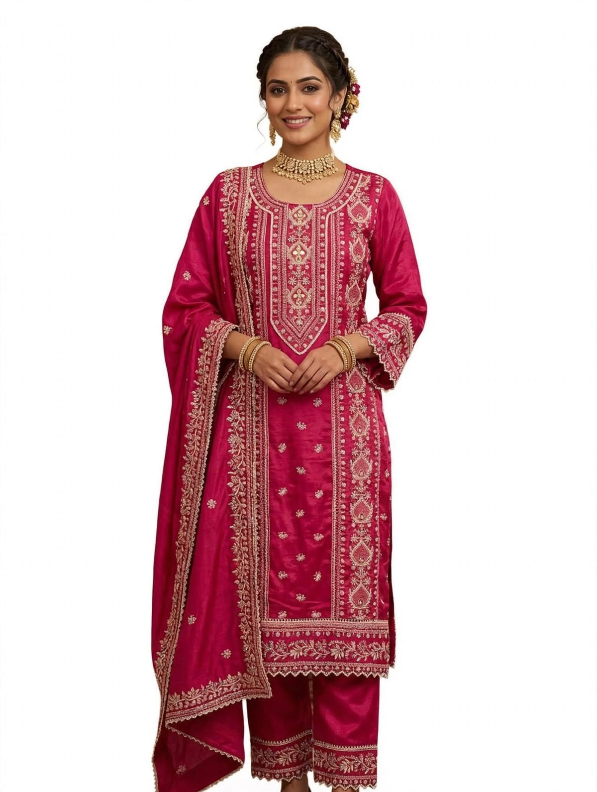 Wine Pink Embroidered Silk Suit Set with Matching Dupatta - XXL