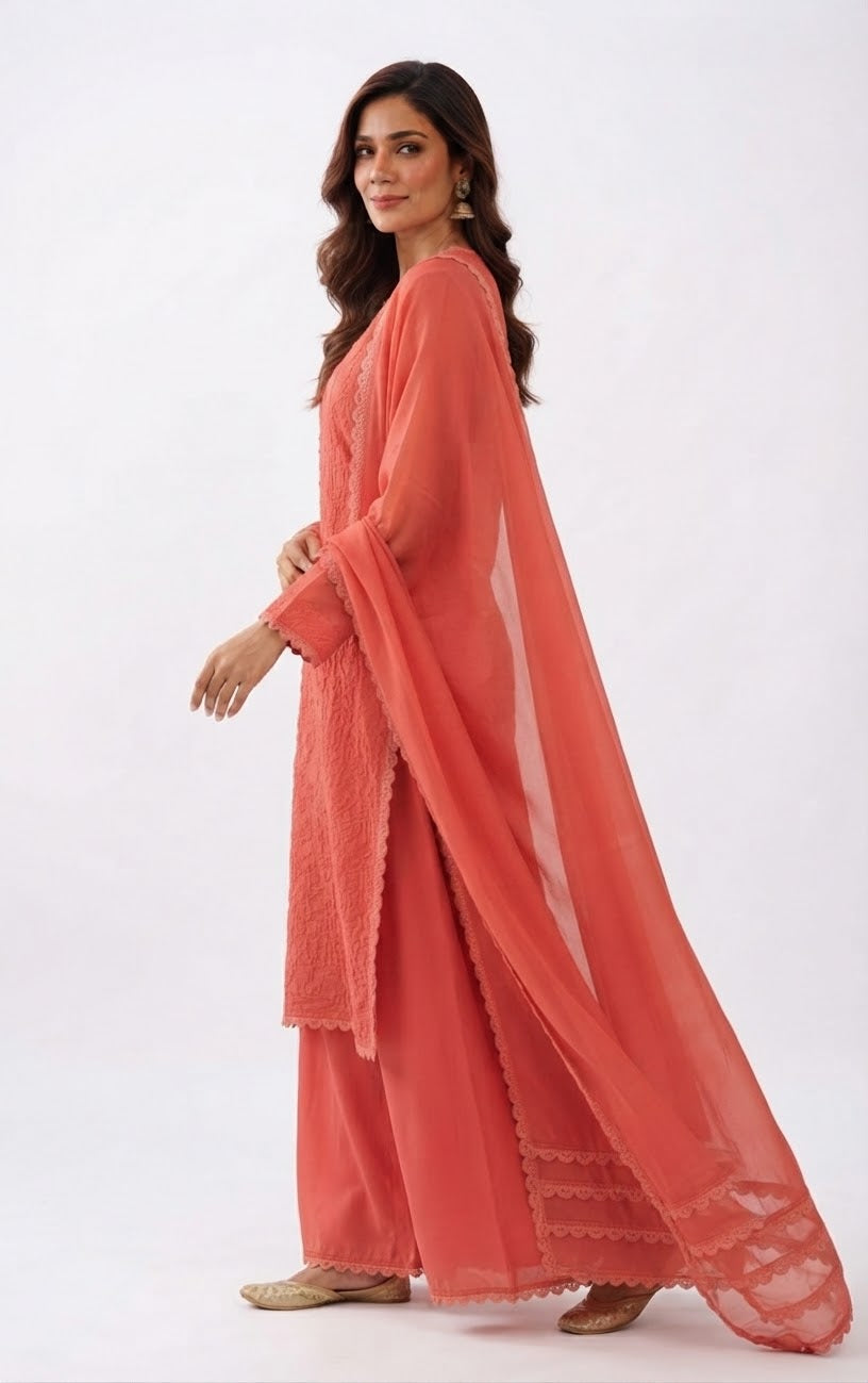 Ethereal Coral Chikankari Palazzo Suit Set - M