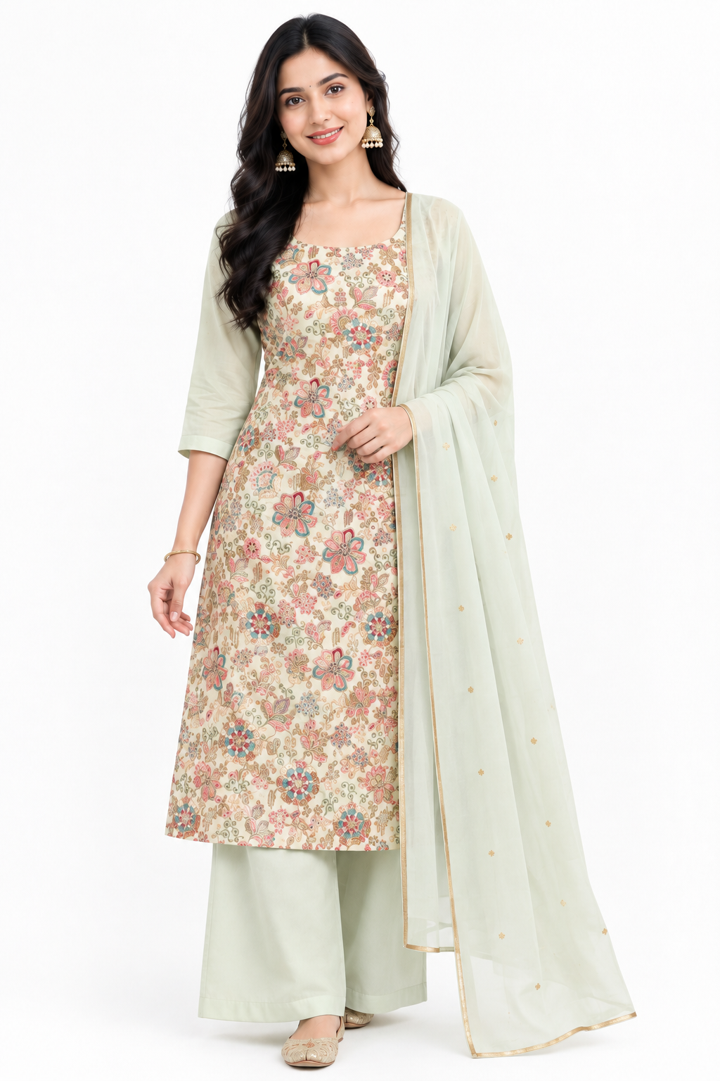 3XL- Pastel - Sage Green Floral Printed Palazzo Suit Set