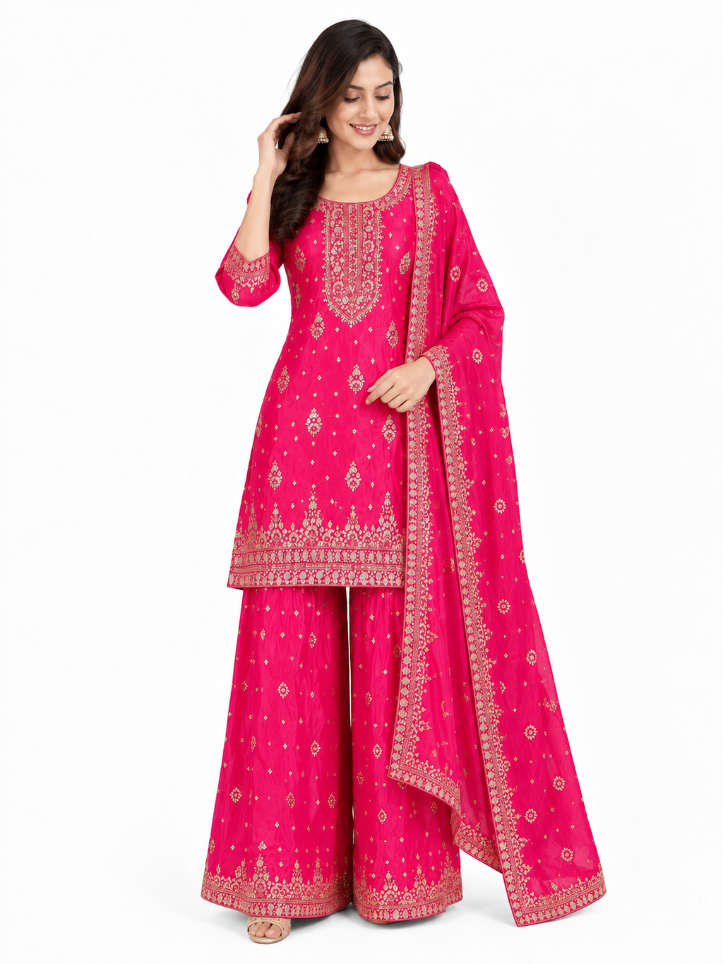 Hot Pink Embroidered Palazzo Suit Set - 4XL