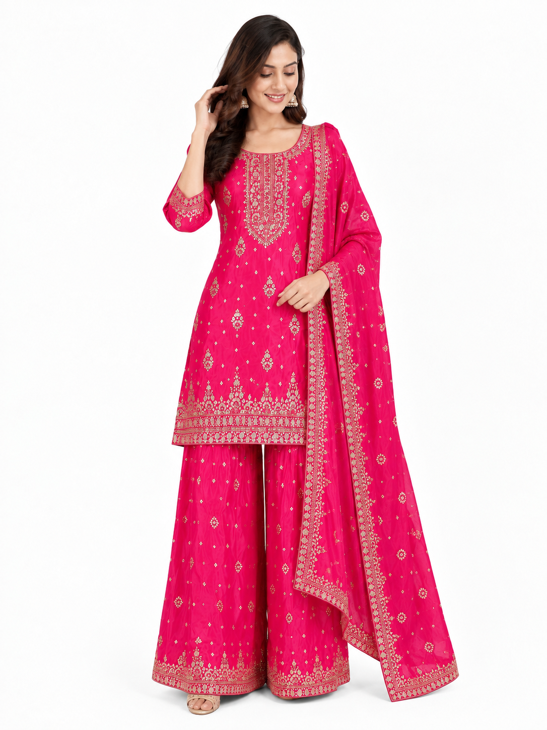 5XL 🌸 Hot Pink Embroidered Palazzo Suit Set